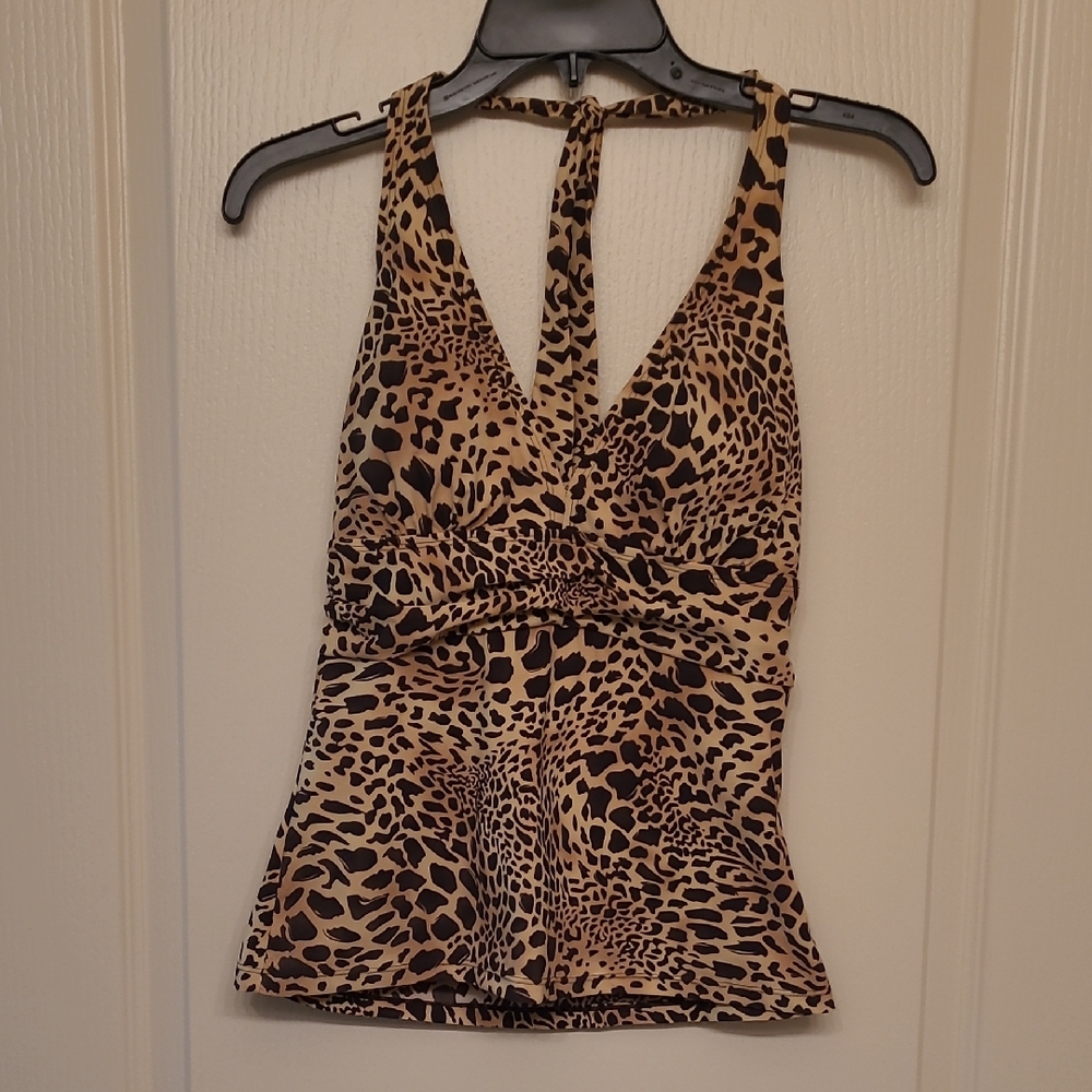 JONES NEW YORK Women's Leopard Print Swim Top - Halter Tankini Size 10